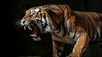 de cerca de un salvaje Tigre rugido en negro antecedentes generativo ai foto