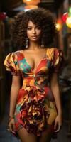 beautiful african woman wearing multicolor printed dress generative AI photo