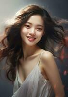 a smiling beautiful asian woman with blowing hair generative AI photo