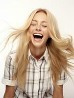 a happy woman with long straight blonde hair on white background generative AI photo