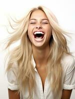 a laughing woman with long straight blonde hair on white background generative AI photo