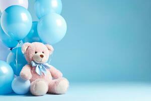 a light pink teddy bear with blue balloons on sky blue background generative AI photo