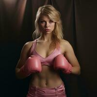 beautiful Boxer woman in pink cloth on black background generative AI photo