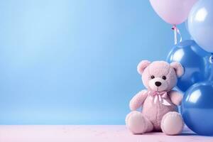 a light pink teddy bear with balloons on sky blue background generative AI photo