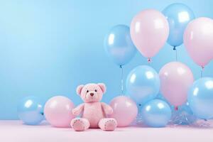 a light pink teddy bear with blue and light pink balloons on sky blue background generative AI photo