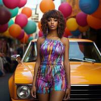 a beautiful african woman in multicolor dress standing near the yellow car with colorful balloons generative AI photo