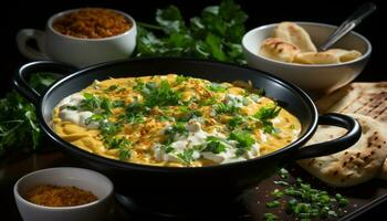 indian dish creamy meat korma with garnishing of coriander leaf in black bowl generative AI photo