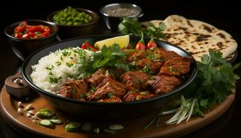 Rogan josh with rice and naan garnishing with coriander leaves generative AI photo