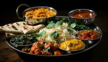 indian main course food on thali generative AI photo