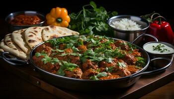 Rogan josh with rice and naan generative AI photo