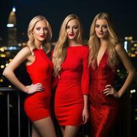 Three gorgeous female models in red dress generative AI photo