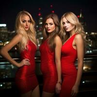 Three gorgeous young female models in red dress generative AI photo