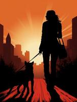 silueta de un mujer caminando con su perro a puesta de sol generativo ai foto