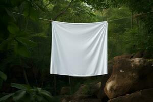 white cloth hanging on rope in forest generative AI photo