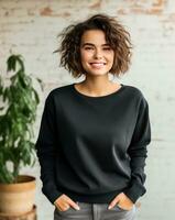 a happy girl wearing a black sweater is standing with her hands in her pocket generative AI photo