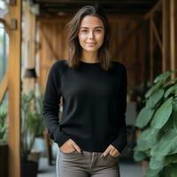 a girl wearing a black sweater is standing with her hands in her pocket generative AI photo