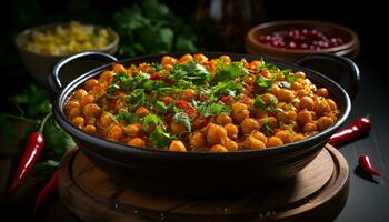 chana masala in black bowl generative AI photo