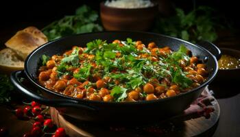 chana masala with garnishing of coriander leaf black bowl generative AI photo