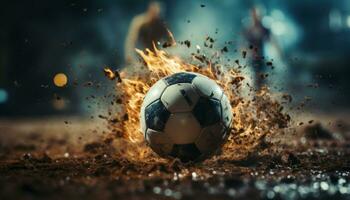 soccer ball kicked by soccer player on muddy area generative AI photo