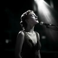 black and white photo of a female classical music singer singing on stage generative AI