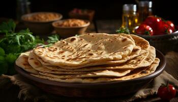 wheat Chapatis on jute bowl generative AI photo