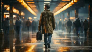 a businessman walking on a platform at night generative AI photo