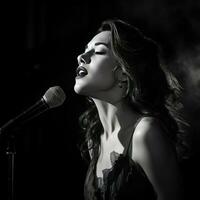 a female classical music singer singing on stage black and white generative AI photo