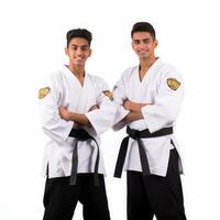 two young indian karate black belters on white background generative AI photo