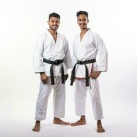 two attractive indian karate black belters on white background generative AI photo