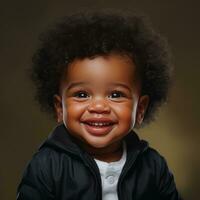 cute black baby smiling on dark background generative AI photo