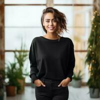a beautiful female wearing a black sweater with hand in her pocket generative AI photo