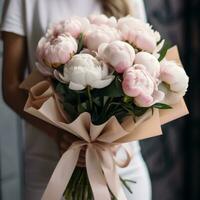 a bouquet of peonies flowers in hand of woman generative AI photo