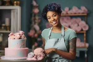 an african cake baker smiling with her cake generative AI photo