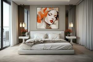 a woman painting hanging on modern luxury white bedroom in apartment generative AI photo