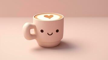 a cute coffee pink emoji on light pink background generative AI photo