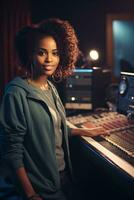 a happy african female sound engineer generative AI photo