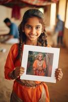 happy indian girl showing a photo to the camera generative AI