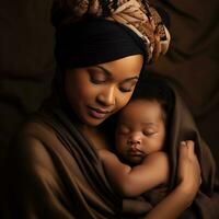 beautiful african woman hugging her baby with brown cloth generative AI photo