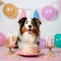 un linda perro en cumpleaños gorra con cumpleaños pastel y velas generativo ai foto