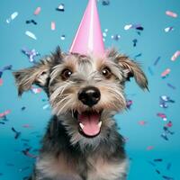 un linda perro con cumpleaños tiras y gorra en ligero azul antecedentes generativo ai foto