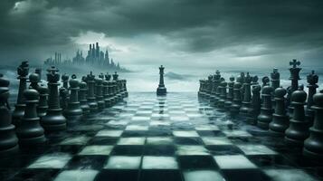 a chess game with scary dark clouds background generative AI photo