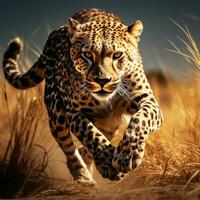 leopardo graciosamente corriendo en el africano campo generativo ai foto