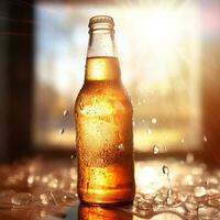 A cold beer bottle is sweating with summer heat generative AI photo