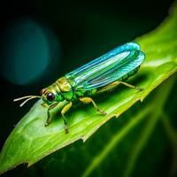 un minúsculo saltamontes encaramado en un verde hoja generativo ai foto