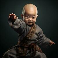 un linda chino bebé es jugando chino kung fu en oscuro antecedentes generativo ai foto