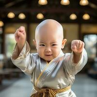 un linda chino bebé es jugando chino kung fu generativo ai foto