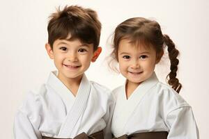 dos niños en kárate uniformes en blanco antecedentes generativo ai foto