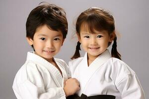 linda dos niños en kárate uniformes en blanco antecedentes generativo ai foto