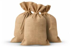 three Burlap sack isolated on white background generative AI photo