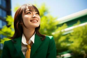 photo of a young Japanese office lady smiling in green office cloth generative AI